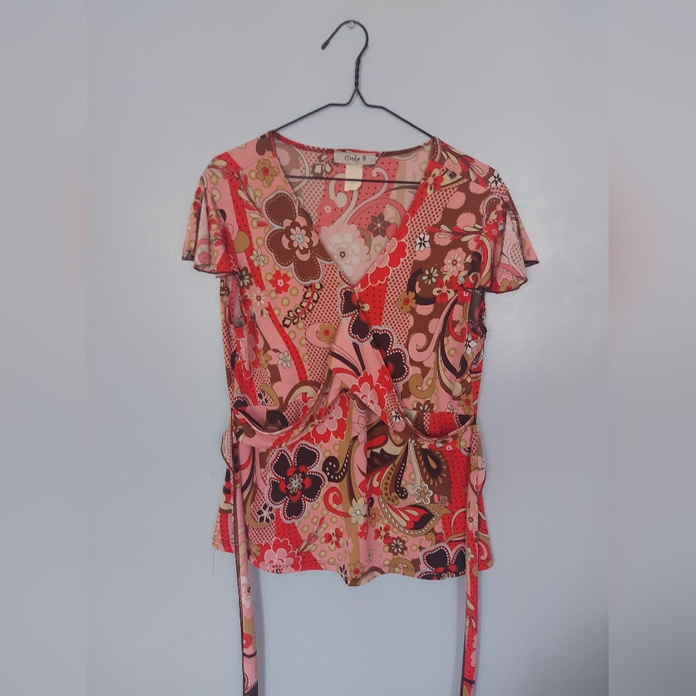 Pink Asymmetrical Wrap Blouse with Cap Sleeves